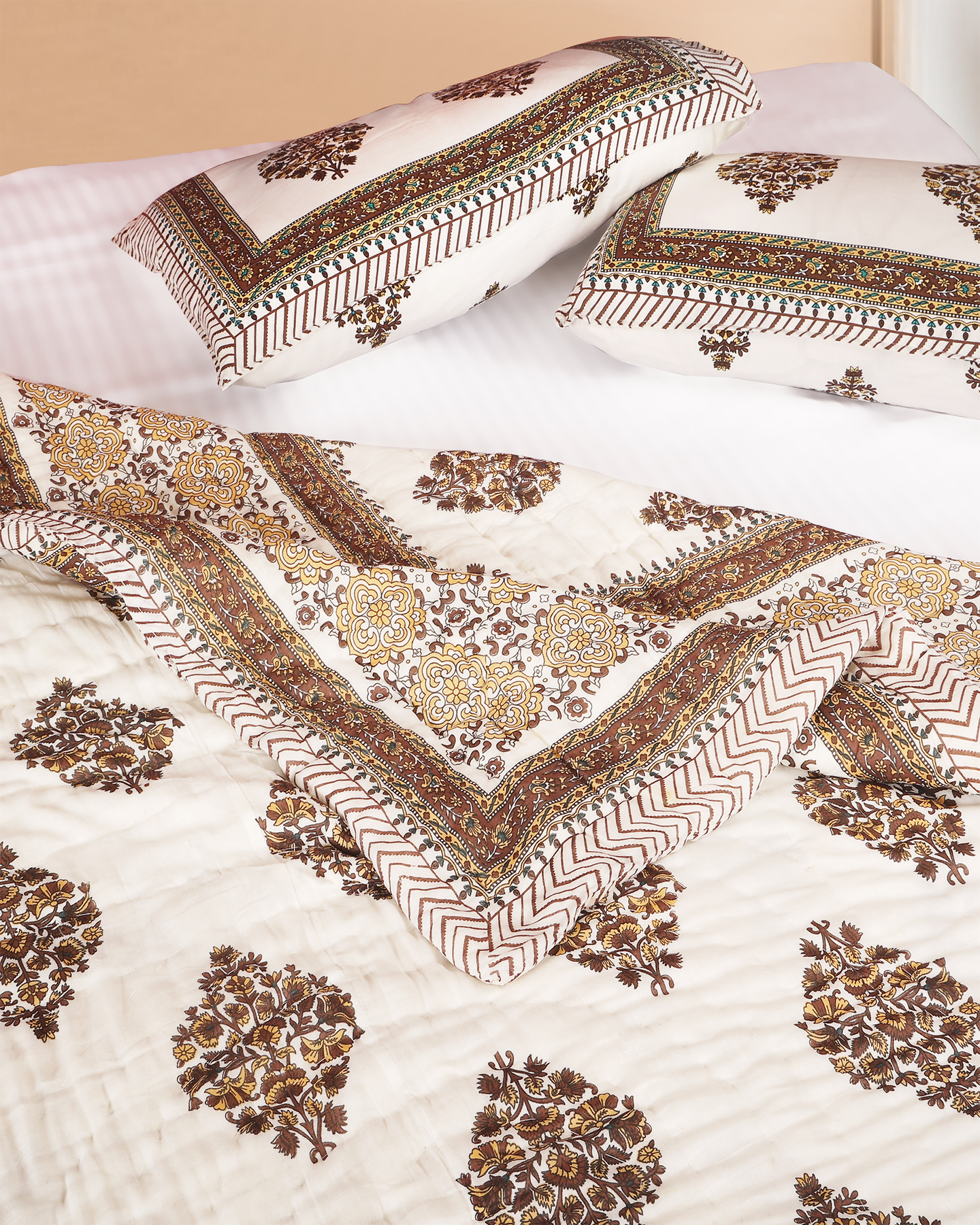 Brown Hand Block Printed Reversible Double Bed Quilt Set with Hand Quilting